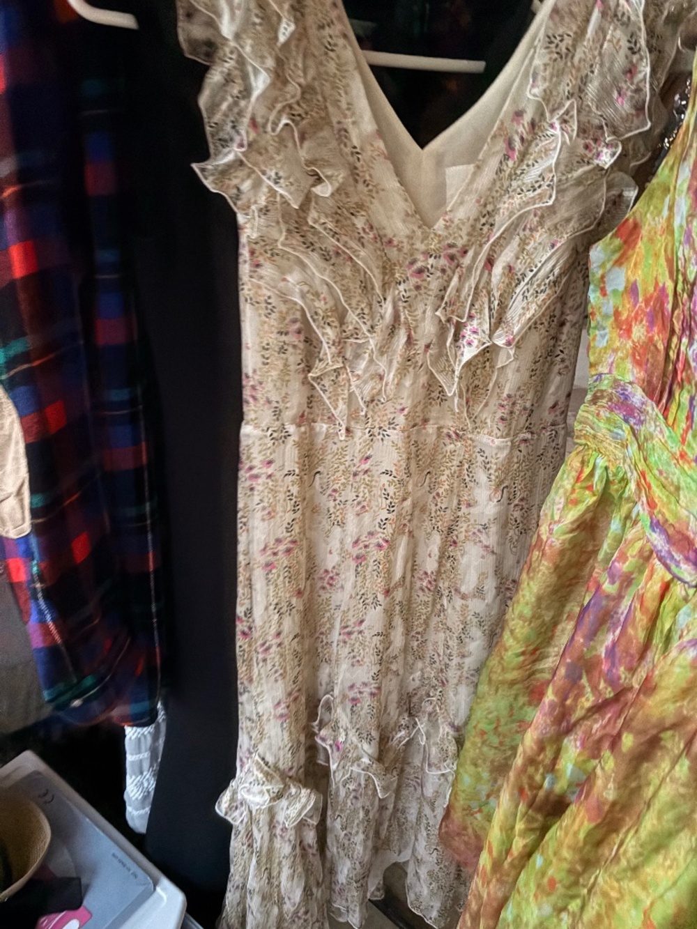 Anna Sui Floral Chiffon Midi Dress Ruffles & Metallic Thread Fairy Diaphanous 8